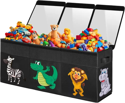 Vista 11 de YOHOOLYO Organizador de almacenamiento de juguetes para niños, 28.3 x 12.6 x 17.3 pulgadas, caja de juguetes grande y resistente con tapa y asas