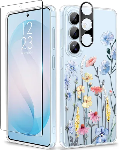 Vista 36 de GVIEWIN Funda protectora para Samsung Galaxy S25, transparente floral, delgada, a prueba de golpes, para mujer, no se pone amarilla, con protector