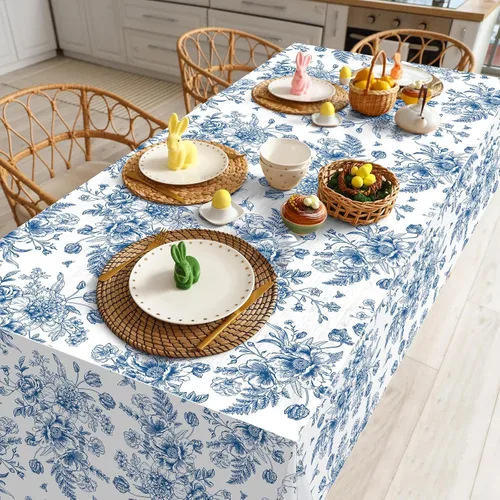 Vista 4 de Tiamon 1 mantel de plástico floral azul de 54 x 108 pulgadas, mantel rectangular vintage desechable con flores azules azul marino y blanco