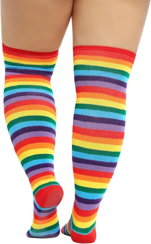 Vista 3 de Zando Calcetines altos hasta el muslo de talla grande para muslos gruesos para mujer, medias altas a rayas hasta el muslo por encima de la rodilla