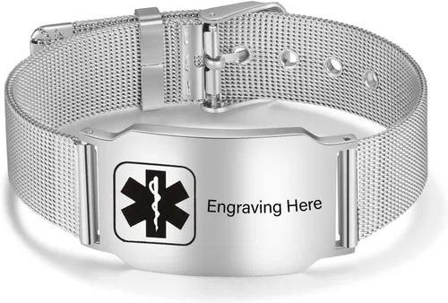 Vista 3 de Lam Hub Fong Pulseras médicas de emergencia grabadas gratuitas personalizadas para hombres y mujeres, ajustables, de doble cara, pulseras