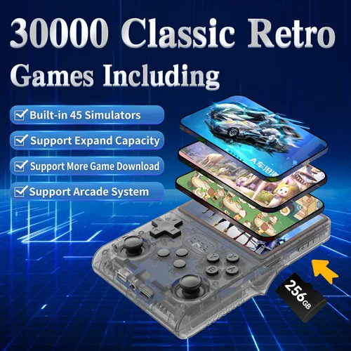 Vista 3 de R40S Pro - Consola de juegos portátil, 30000 juegos HD, mini consola de juegos retro, pantalla IPS de 3.5 pulgadas, 45 emuladores integrados, Gris