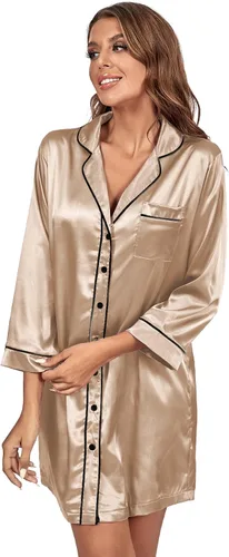 Vista 5 de Umenlele Camisón de satén con botones para mujer, camisa de dormir de manga larga, camisón de novio