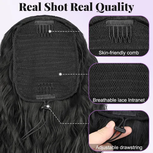 Vista 3 de Extensión de cola de caballo con cordón, extensión de cola de caballo larga y rizada para mujeres negras, extensiones de cabello negro de 26
