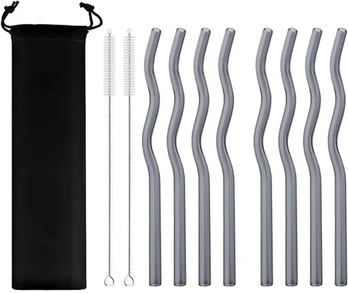 Vista 14 de JASHII Pajitas de vidrio ondulado negro – 8 piezas, 7.87 x 0.31 pulgadas, reutilizables con bolsa negra, multicolor para beber bebidas