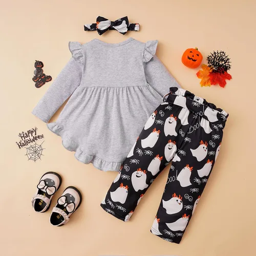 Vista 3 de Noubeau Conjunto de 3 piezas de ropa de otoño para bebé niña de Halloween, vestido de camisa bohemia con volantes y pantalones de calabaza fantasma