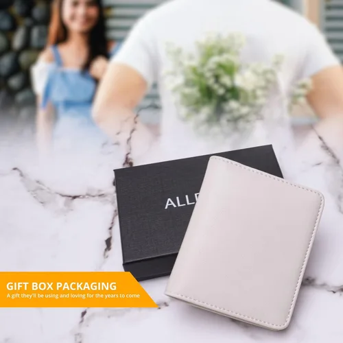 Vista 6 de Alldaily Cartera pequeña y compacta con bolsillo plegable para mujer, con bloqueo RFID, con ventana de identificación, Blanco