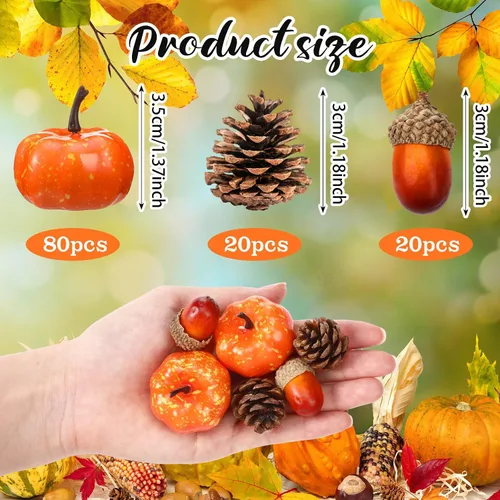 Vista 2 de Yookeer 120 mini calabazas artificiales de bellotas de otoño, conos de pino para decorar cuencos de otoño, centro de mesa de Acción de Gracias