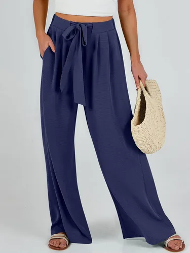 Vista 3 de Caracilia Pantalones palazzo de pierna ancha para mujer, de cintura alta, ajustables, con lazo, holgados, informales, con bolsillos