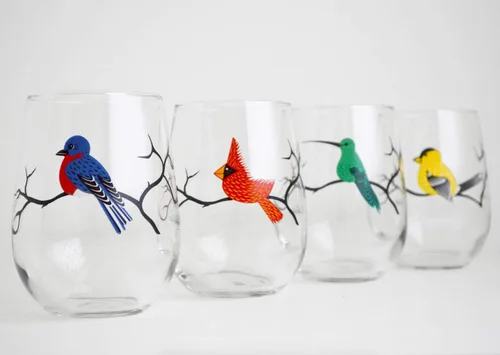 Vista 2 de Juego de 4 copas de vino sin tallo, colección de cristalería serigrafiada, regalos para observación de aves
