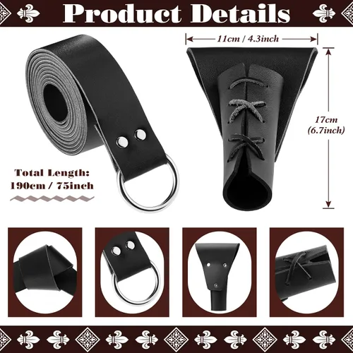 Vista 3 de Cinturón de cuero medieval para espada, daga de rana, cinturón renacentista para caballero, guerrero, pirata, cosplay Negro