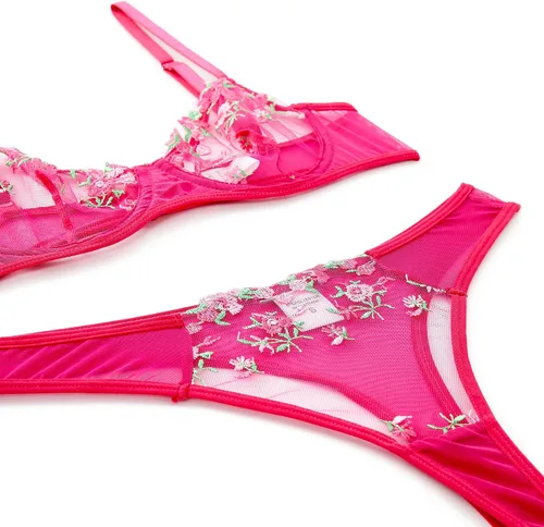 Vista 5 de Vorixia Bra and Panty Set for Women Sexy Underwear Lingerie Cute Exotic Foral Embroidery Sheer G-String Thongs Babydoll
