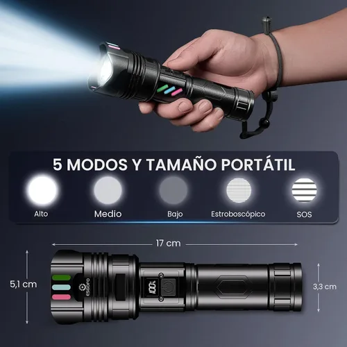 Vista 7 de Linterna Súper Brillante 10000 Lúmenes Altos Recargable, Potentes Luces LED Flash de Larga Distancia 3280ft, Larga Duración 10H Función de Descarga