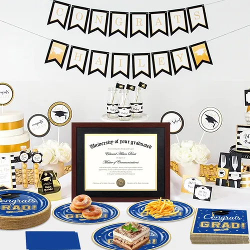 Vista 5 de Juego de vajilla de suministros para fiesta de graduación 2026, 100 platos y servilletas de graduación de oro azul para clase de 2026, vajilla