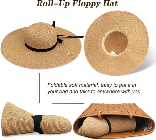 Vista 3 de IRIS CRAFT Sombrero de paja de ala ancha para playa, con protección UV, UPF50, para viaje, para verano, con protección UV, L