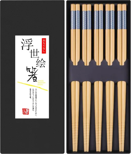 Vista 10 de Antner 5 pares de palillos de bambú reutilizables, exquisitos palillos de estilo japonés con caja negra para sushi, ramen, olla caliente y comedor