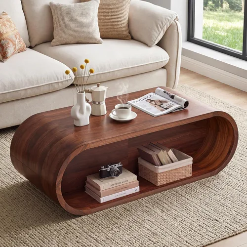 Vista 10 de Mesa auxiliar ovalada de 43.3 pulgadas con almacenamiento, mesa de centro acanalada con parte superior elevable, mesa central moderna de mediados