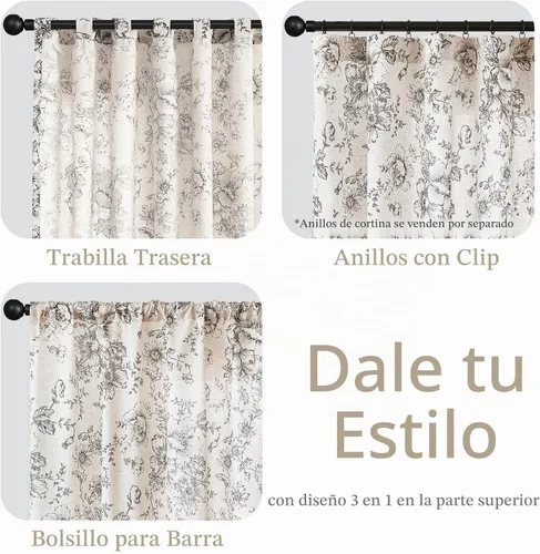 Vista 4 de Jinchan - Cortinas de lino floral de 120 pulgadas de largo para sala de estar, 2 paneles Negro sobre beige