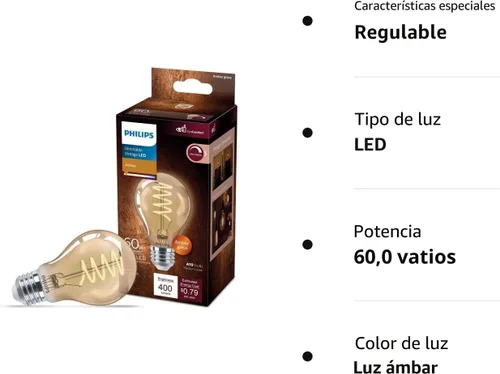 Vista 7 de PHILIPS LED 60 W A19 Vintage Edison Espiral Amber, 1 paquete 400 lúmenes, regulable, luz sin parpadeo, EyeComfort, hasta 15000 horas de vida útil