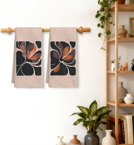 Vista 2 de Juego de 2 toallas de cocina abstractas y bohemias, modernas de mediados de siglo, color marrón y negro, para decoración de baño, cocina, toallas