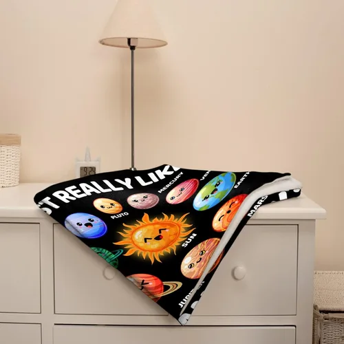 Vista 5 de Manta de planetas, regalo espacial para niños y niñas, amantes de 40 x 50 pulgadas, manta de franela suave con patrón de planetas y sol, manta