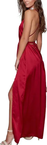 Vista 3 de vestido largo de fiesta para mujer, vestido de cóctel sexy, satinado, con cuello en V profundo, espalda descubierta y abertura (30colores, S-XXL)