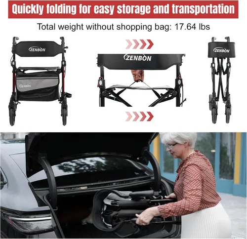 Vista 3 de Andador con ruedas para personas mayores/adultos plegable en dos direcciones con asiento de 330 libras de capacidad, 4 ruedas grandes de 8 pulgadas