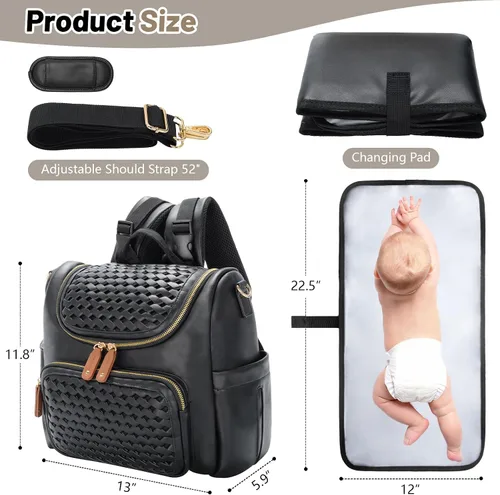 Vista 3 de Minsong Mochila para pañales, mochila pequeña para pañales para mamá con cambiador, elegantes bolsas de pañales de viaje de cuero vegano (negro)