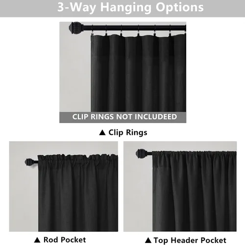 Vista 3 de Mrs.Naturall - Cortinas transparentes con bolsillo para barra de 36x63 pulgadas de lino mezclado negro