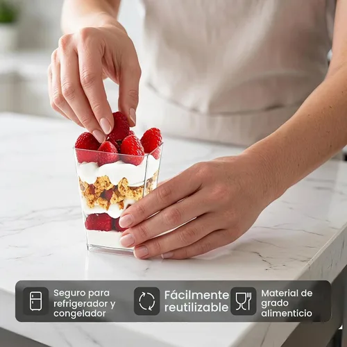 Vista 3 de Tazas de postre transparentes cuadradas de 5 onzas (50 tazas de postre + 50 cucharas) Pequeñas tazas de parfait de yogur, tazas de parfait, tazas