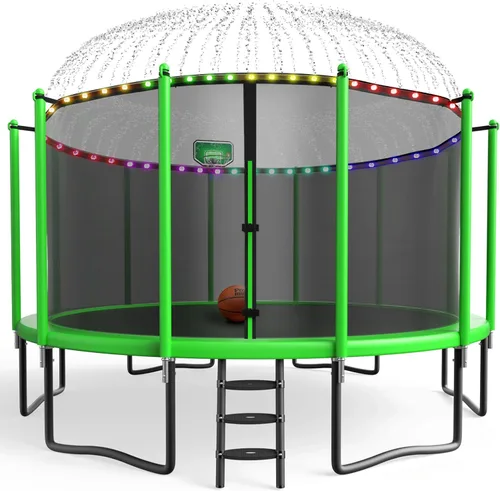 Vista 8 de YORIN【Mejora engrosada】Trampolí para niños con luz, aspersor, calcetines 16 pies 15 pies 14 pies 12 pies 10 pies 8 pies con aro de baloncesto, red