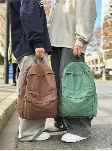 Vista 3 de Mochila de lona para mujeres y hombres, linda mochila vintage para laptop universitaria, hippie, grunge, casual, mochila de viaje, Verde, Mediana