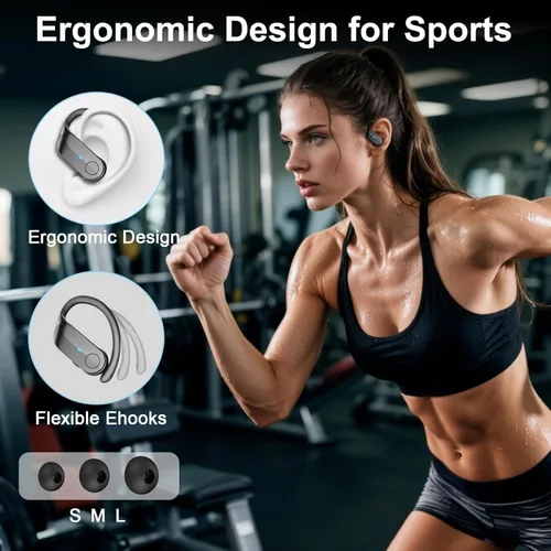 Vista 6 de Auriculares inalámbricos deportivos con ganchos para las orejas, auriculares Bluetooth 5.4 con 4 micrófonos ENC cancelación de ruido, IPX8