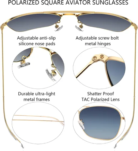 Vista 4 de IOHLNG Lentes de sol cuadrados de aviador para mujeres y hombres, polarizados, militares, cuadrados, clásicos, vintage, de metal