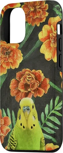 Vista 2 de iPhone 15 Parakeet Budgie Orange Yellow Marigolds Flower Pattern Case