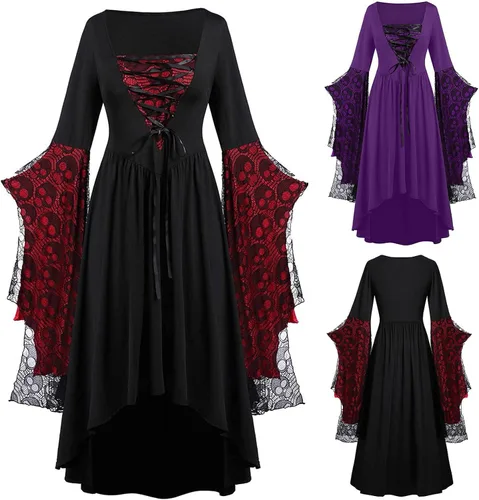 Vista 4 de Vestido de bruja retro para mujer, vestido gótico de encaje vintage medieval renacentista