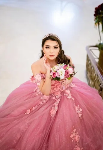 Vista 6 de Youjiayi Vestidos de quinceañera florales 3D con lazo fuera del hombro con cuentas dulces 16 vestidos de encaje hinchado apliques vestido de bola