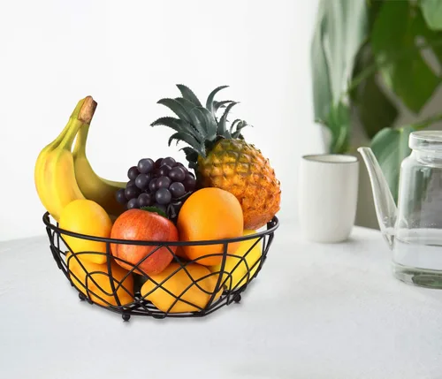 Vista 7 de Buruis Cesta de frutas de metal con soporte para plátano, diseño de pájaros Negro