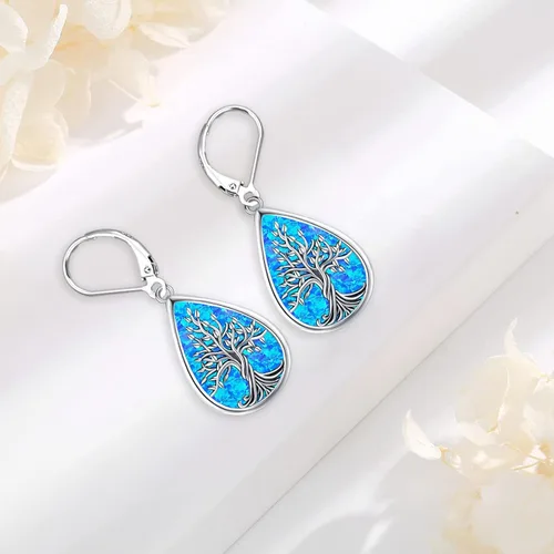Vista 287 de Aretes colgantes de plata de ley con diseño de árbol de la vida, flor, abeja, animales, gato, colibrí, piedra lunar, turquesa, aretes con cierre