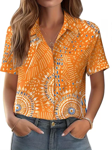 Vista 26 de Zeagoo Blusa de manga corta con botones para mujer, con bolsillo en el busto, para negocios, casual, para el trabajo, trajes de verano