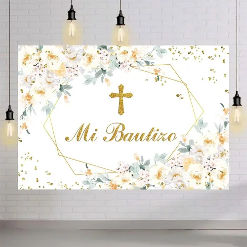 Vista 5 de AIBIIN Telón de fondo Mi Bautizo de 7 x 5 pies para niña, diseño floral amarillo y blanco, para fotografía de bautismo, puntos dorados