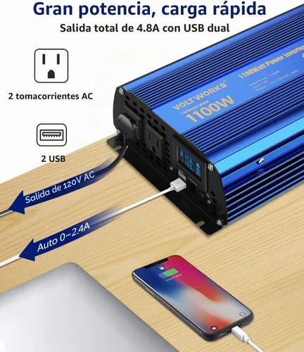 Vista 3 de Inversor de potencia 1100 vatios 12V DC a 110V 120V AC, inversor de 1000 W con pantalla LCD, control remoto, 2 tomas de CA, puertos USB duales