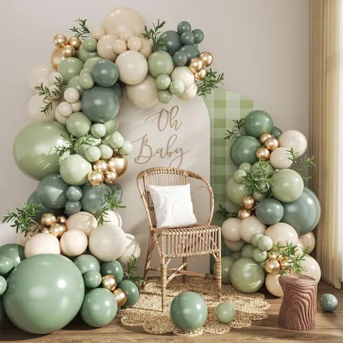 Vista 20 de Kit de arco de globos verde salvia azul pastel, 124 piezas de globos macarón amarillo blanco verde para decoraciones de cumpleaños de ganso, género