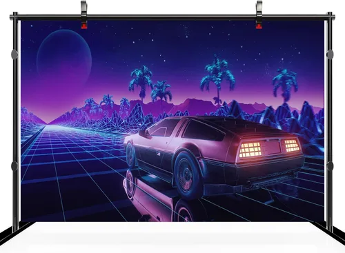 Vista 3 de Telón de fondo para automóvil Cyberpunk de 5 x 3 pies, estilo retro futurista, estilo punk, coche de carreras, automóvil de carreras punk, fondo