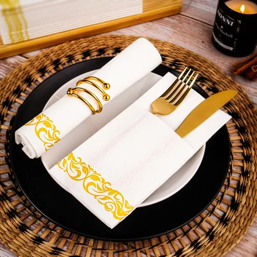 Vista 5 de KAMMAK Servilletas de papel para cena blancas con bolsillo, desechables, paquete de 100 unidades, con ribete amarillo, sensación de lino