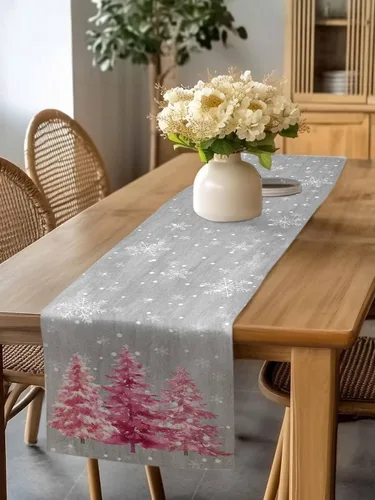 Vista 4 de Camino de mesa de Navidad de otoño de 90 pulgadas de largo, árbol de Navidad, fondo gris, duradero, lavable, camino de mesa de cocina para Árbol