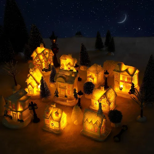 Vista 5 de Shappy 48 piezas de casas de pueblo navideño, accesorios de edificios de ciudad, 10 casas de pueblo navideño con luz, 12 mini árboles, 12 luces LED