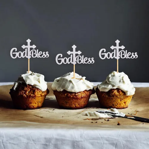 Vista 5 de Ercadio Paquete de 36 adornos para cupcakes con purpurina de cruz con purpurina para bautizo, fiesta religiosa cristiana, suministros de decoración