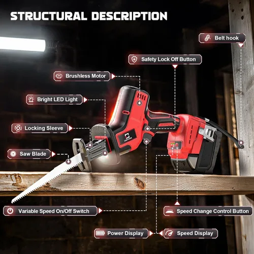 Vista 2 de Cerycose Sierra recíproca inalámbrica sin escobillas, compatible con baterías Milwaukee de 18 V, cambio de hoja sin herramientas, incluye 4 hojas