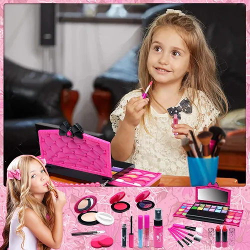 Vista 3 de Kit de maquillaje para niños para niñas, kit de maquillaje real, juguetes para niñas pequeñas y no tóxicos, juego de princesa para niños, regalo
